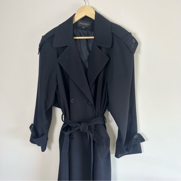 VINTAGE Fennelli Navy Long Belted Trench Coat Size 13/14 - Picture 3 of 10